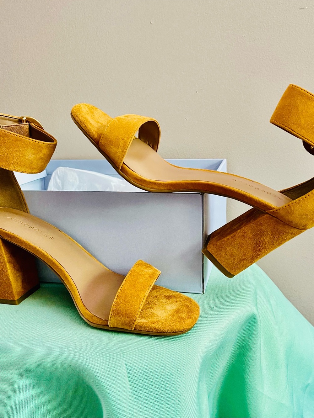 AEROSOLES Mustard Yellow Suede Block Heel Sandals